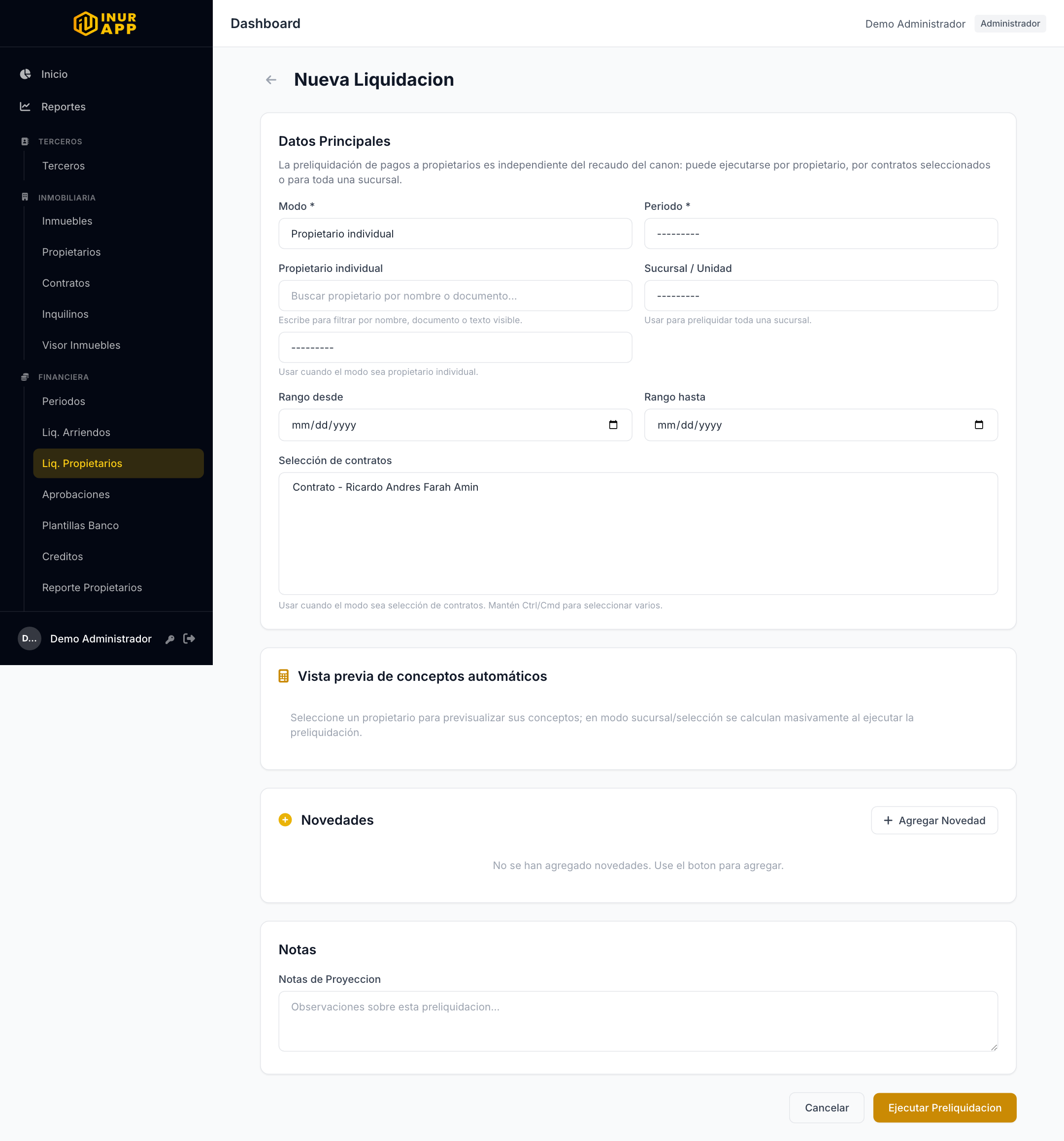 Crear liquidacion de propietario