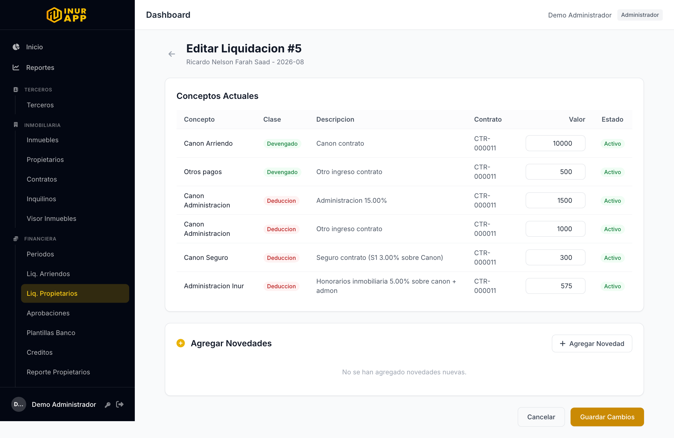 Editar liquidacion propietario