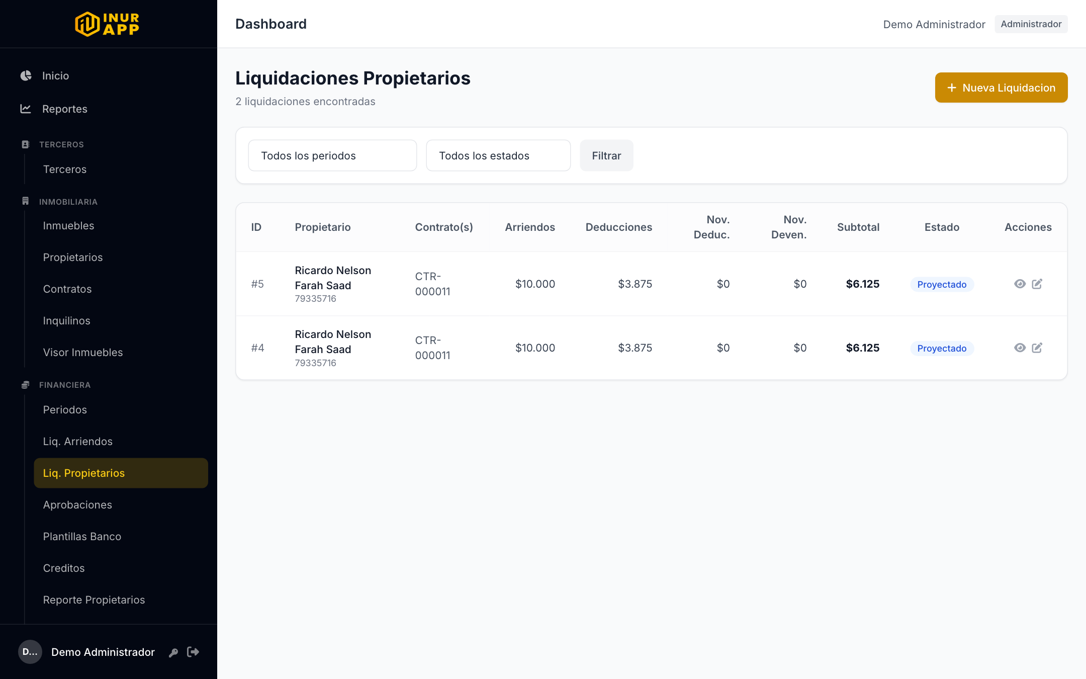 Listado liquidaciones de propietarios